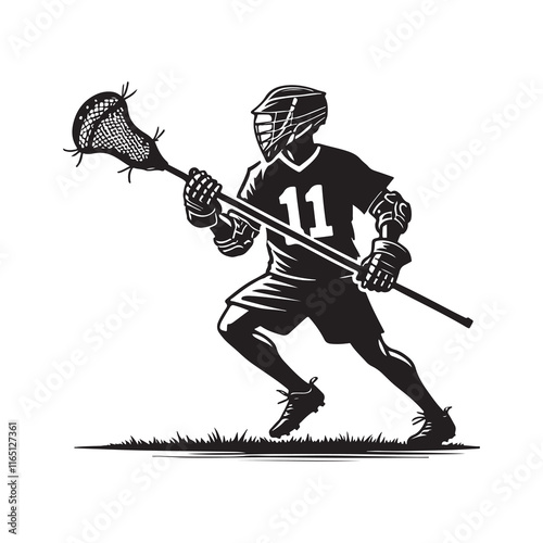Lacrosse Silhouette Vector Illustration, Solid White Background.