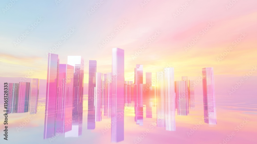 Fototapeta premium QuantumPunk Cityscape: Futuristic Sunrise in Ultra-Detailed 3D Render Digital Artwork