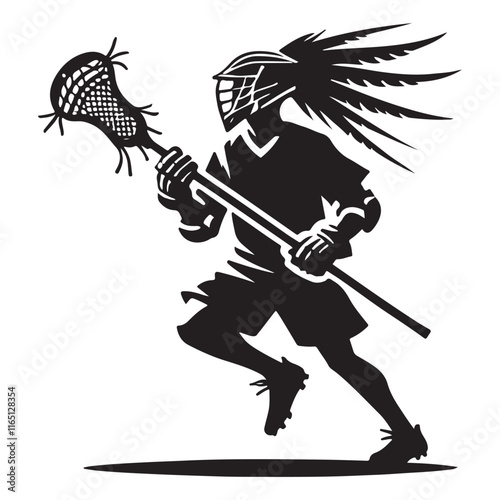 Lacrosse Silhouette Vector Illustration, Solid White Background.