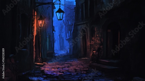 Nocturnal Alley: A Digital Painting of a Mysterious Night Street photo