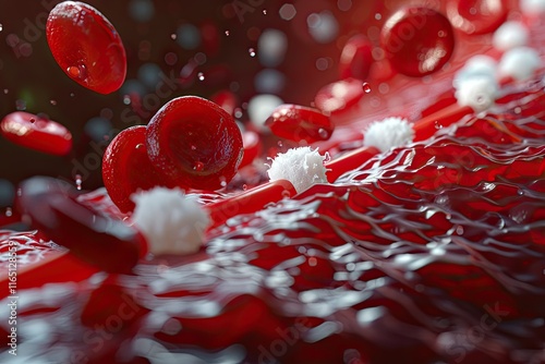 hyper-realistic image of red and white blood cells flowing through a vein, with a focus on light reflections photo