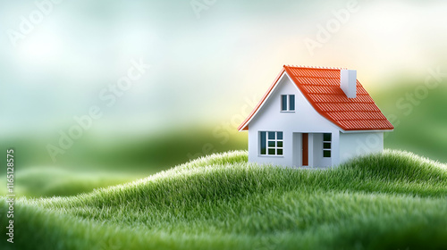 Wallpaper Mural A 3D model of a new, green-roofed cottage home nestled amongst lush grass, showcasing modern residential architecture Torontodigital.ca