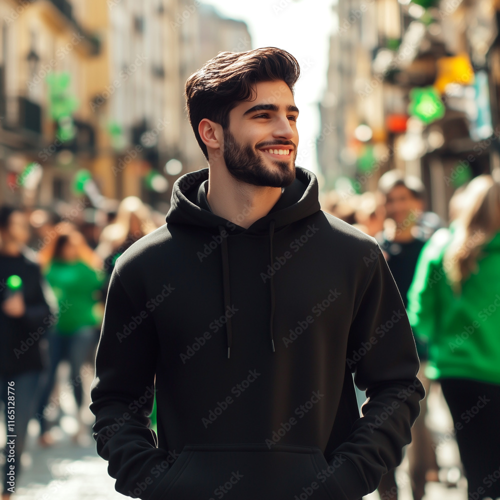 Fototapeta premium Guy wearing black hoodie, stands on city street during parade, festival celebrating St. Patrick's Day. Handsome young man model in basic Gildan 18500 mockup. Men's casual t-shirt mock up, outdoor