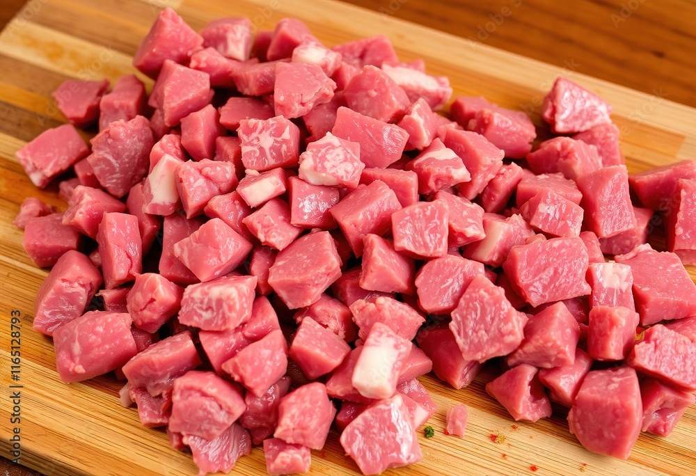 close-up of a wooden cutting board, cluttered with rough-chopped raw meat close-up of a wooden cutting board, cluttered with rough-chopped raw meat