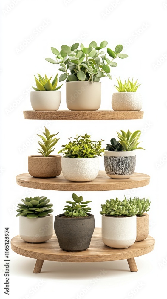 Fototapeta premium Stylish Wooden Plant Stand with Succulents and Pots - A Modern Home Decor Piece