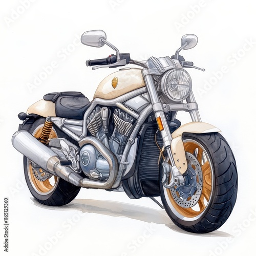 A detailed illustration of a stylish motorcycle featuring a sleek design and unique color accents, showcasing its powerful stance and intricate components. photo