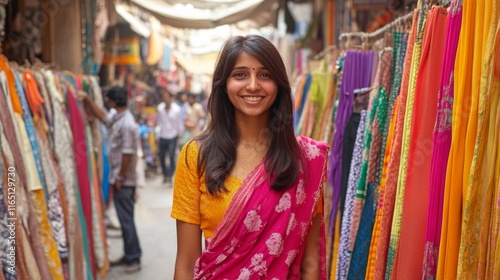 Vibrant textile markets, colorful fabrics displayed in bustling market streets of India photo