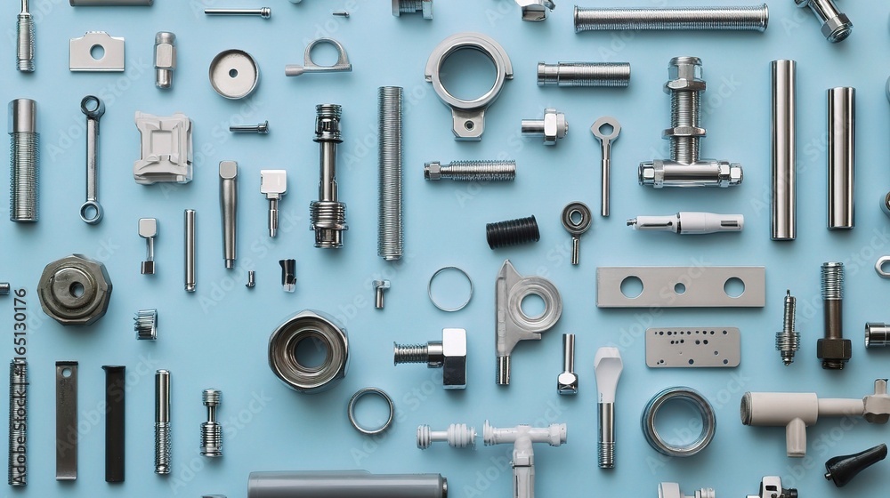 Neatly Arranged Plumbing Tools and Fittings on Blue Background Neatly Arranged Plumbing Tools and Fittings on Blue Background