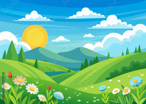 Cheerful Meadow Scene with Sun, Wildflowers, and Fluffy Clouds