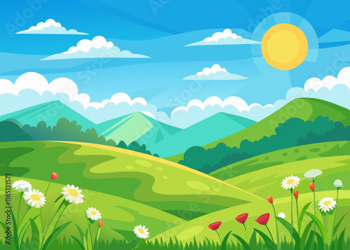 Cheerful Meadow Scene with Sun, Wildflowers, and Fluffy Clouds