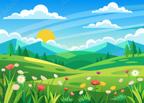 Cheerful Meadow Scene with Sun, Wildflowers, and Fluffy Clouds