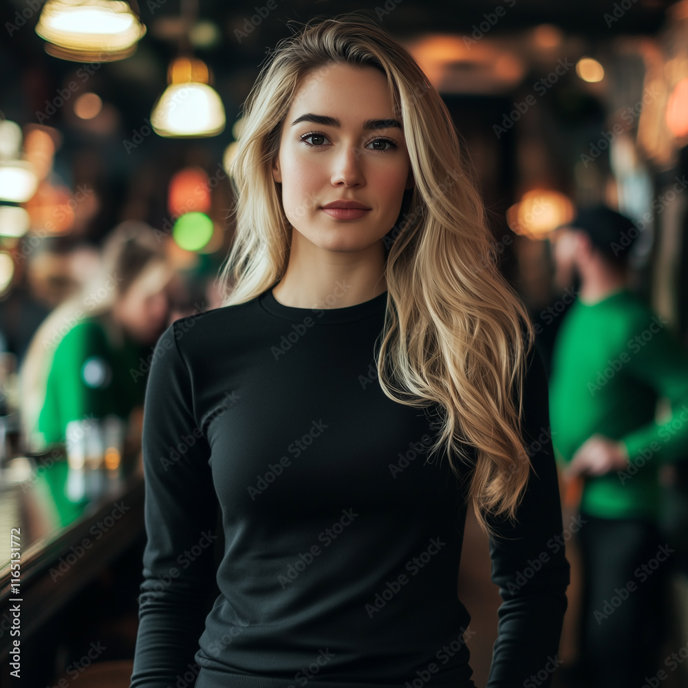Beautiful young woman wearing black long sleeve tight t-shirt, standing in holiday decorated Irish Pub. Woman's casual slim fit shirt mockup for St Patrick's Day designs. Blank crewneck shirt template Beautiful young woman wearing black long sleeve tight t-shirt, standing in holiday decorated Irish Pub. Woman's casual slim fit shirt mockup for St Patrick's Day designs. Blank crewneck shirt template