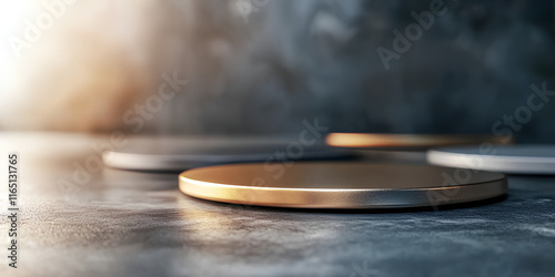 Minimalist circle podium and sparkle gold. A Circular Metal Podium in a Concrete Room with Sunlight
 photo