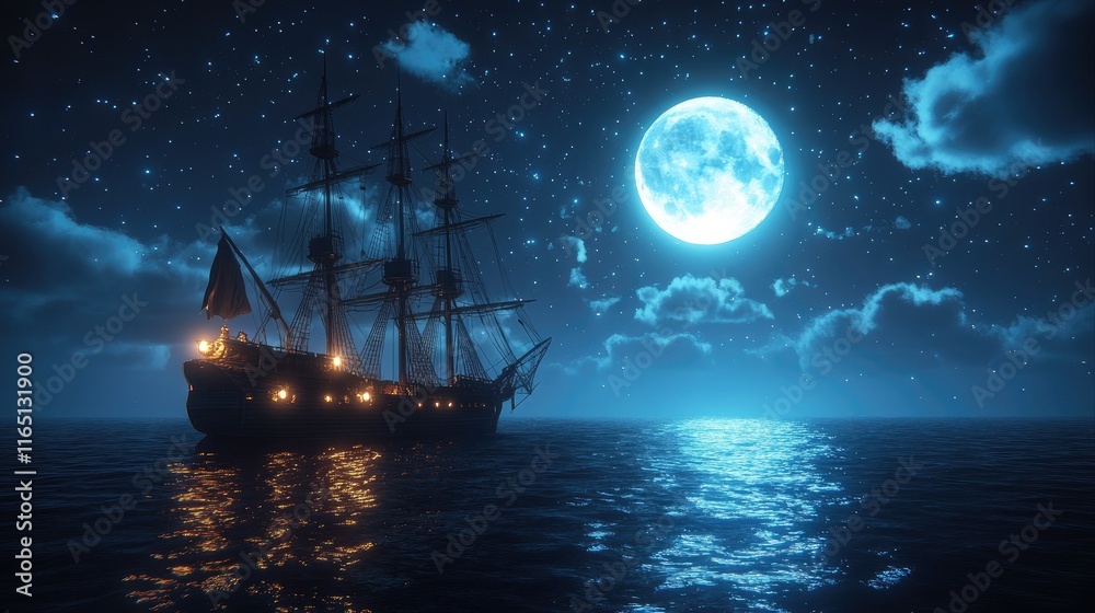 Fototapeta premium Sailing ship at night under a full moon and starry sky.