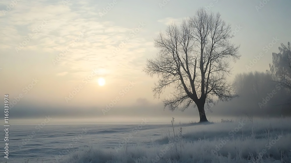 Solitary Tree in a Misty Winter Landscape Solitary Tree in a Misty Winter Landscape