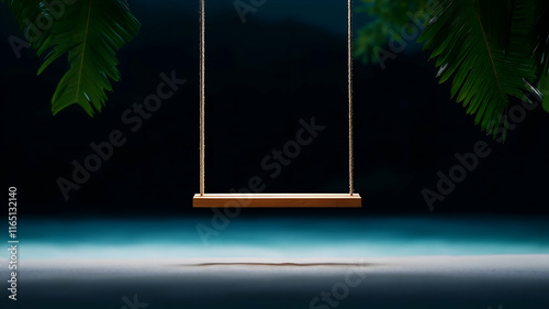 Wooden swing hanging from tropical leaves with a serene beach and ocean in the background at night, perfect for peaceful design themes photo