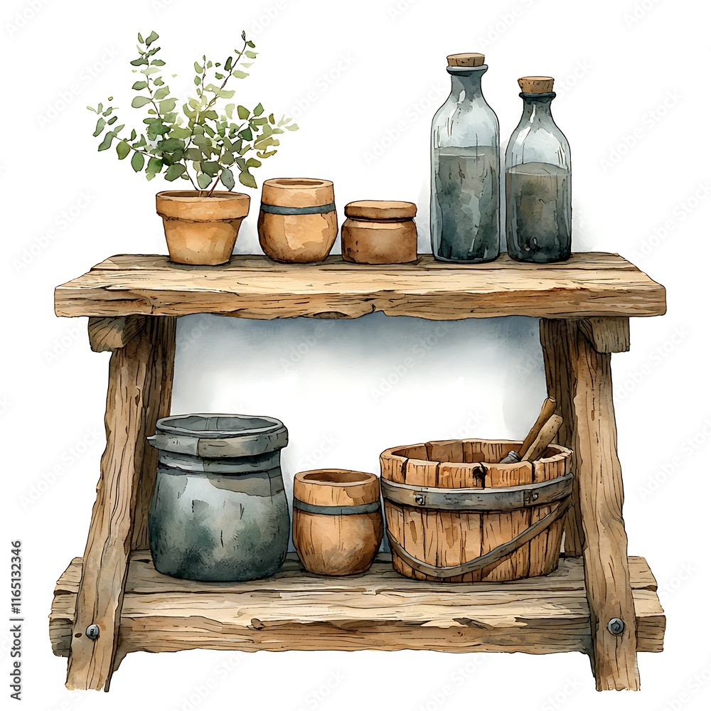 Fototapeta premium Watercolor painting of rustic wooden shelf with potted plants, glass bottles, and wooden containers.