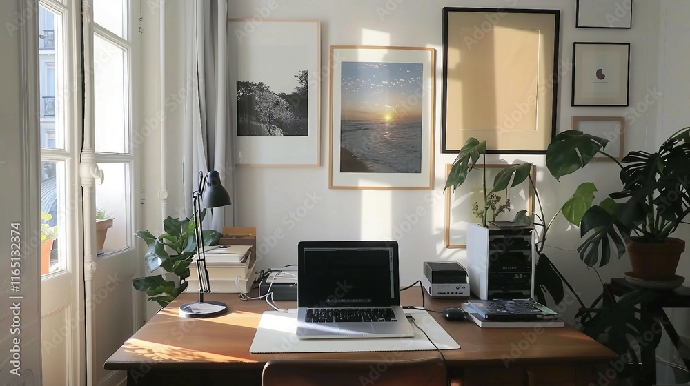Minimalist Home Office with Laptop and Subtle Art
