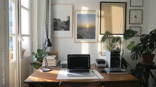 Minimalist Home Office with Laptop and Subtle Art