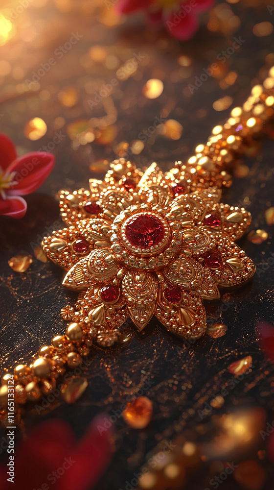 Fototapeta premium Luxurious Gold Jewelry with Red Gemstones Indian Wedding Ornament