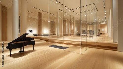 Grand piano in a modern, minimalist museum hall with glass partitions and wood flooring.