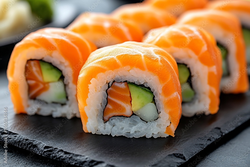 Close-up of delicious salmon sushi rolls on a black slate. Close-up of delicious salmon sushi rolls on a black slate.