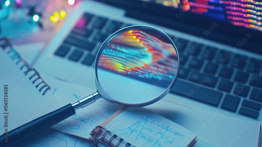 Obraz premium Magnifying Glass on Computer Keyboard with Colorful Reflections