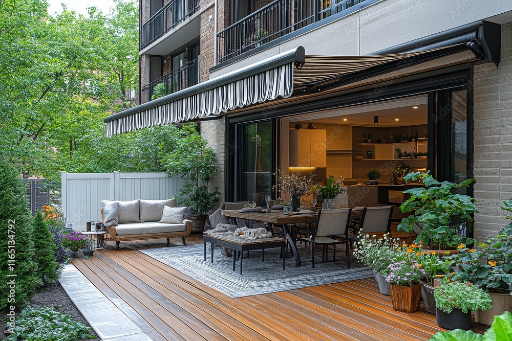 Fototapeta premium Outdoor patio with white and black striped awning, wood flooring, potted plants, table setting, sofa, chairs, flowers, green trees, and white fence. Relaxing garden space with stylish decor.
