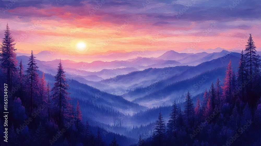 Obraz premium Sunset over hazy mountains with trees.
