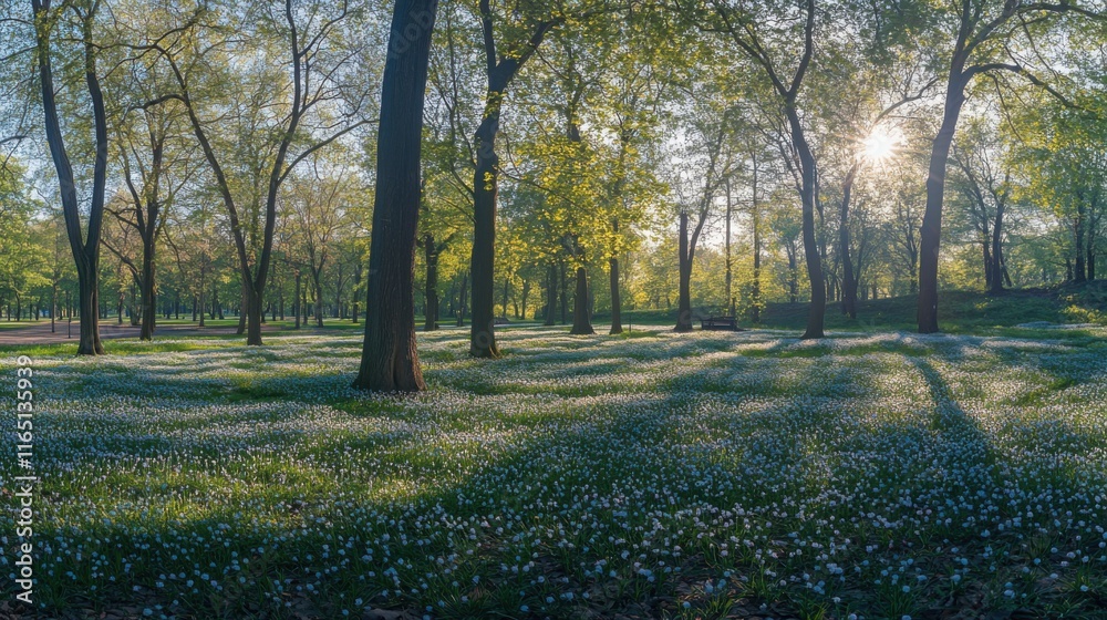 Morning Sunlight Casting Shadows in a Serene Forest Morning Sunlight Casting Shadows in a Serene Forest