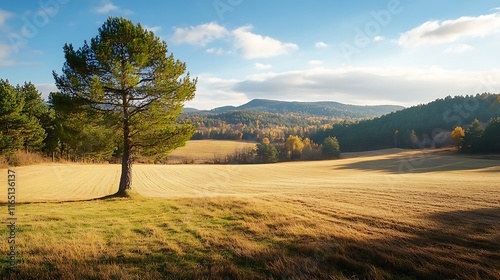 A countryside scene with the shadow of a pine tree creating charm and depth in a rural landscape  photo