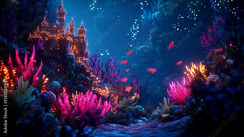 Fototapeta premium Fantasy Inspired Mythical Illustration of an Underwater Castle