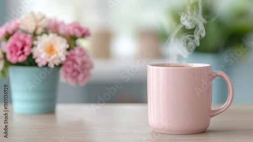 Wallpaper Mural Pastel coffee concept. A pink mug with steam surrounded by vibrant flowers on a bright, sunny table. Torontodigital.ca