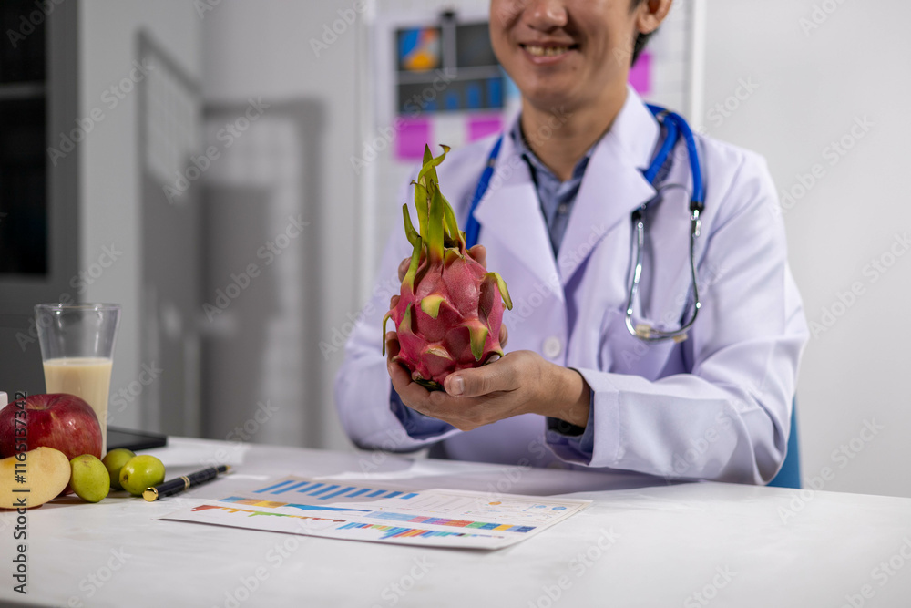 Young Asian Nutritionist, Health Doctor, Fruit, Weight Loss Young Asian Nutritionist, Health Doctor, Fruit, Weight Loss