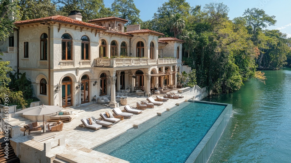 Fototapeta premium Luxurious waterfront villa with infinity pool, expansive patio, and lush landscaping.