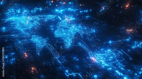 A glowing binary-themed world map featuring cascading 0s and 1s forming the continents, data streams connecting major regions, vibrant electric blue tones, and a sleek cyberpunk background. photo