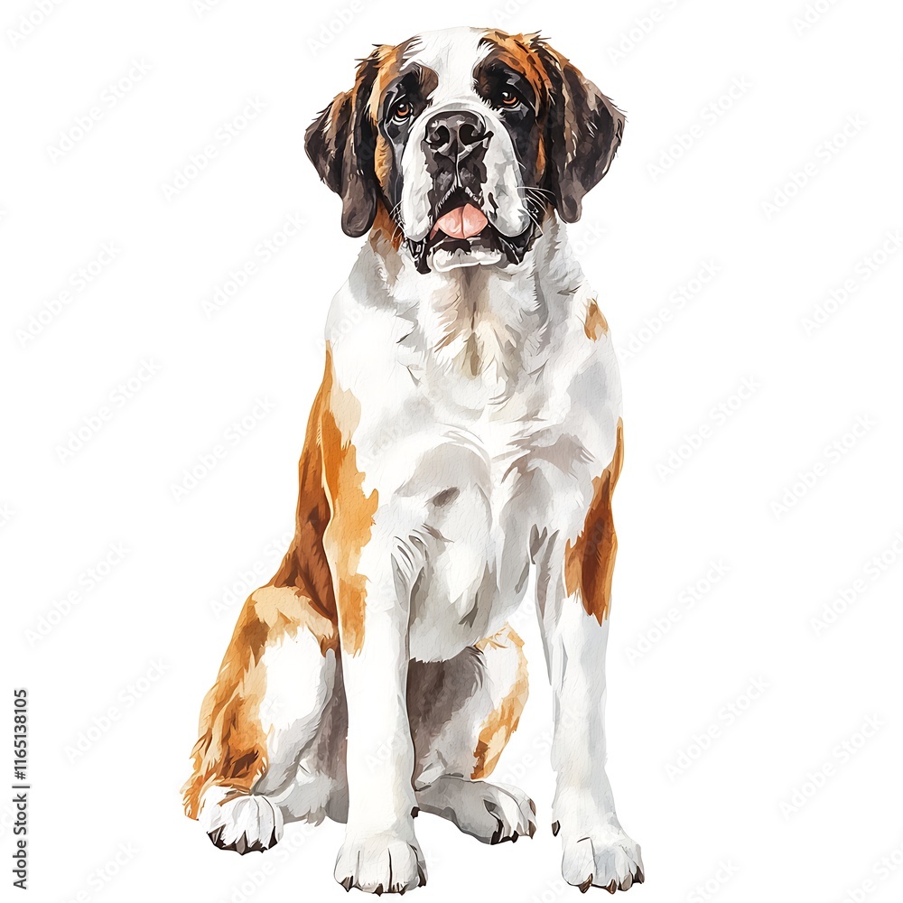 Watercolor Painting of a Saint Bernard Dog Sitting on a White Background. Watercolor Painting of a Saint Bernard Dog Sitting on a White Background.