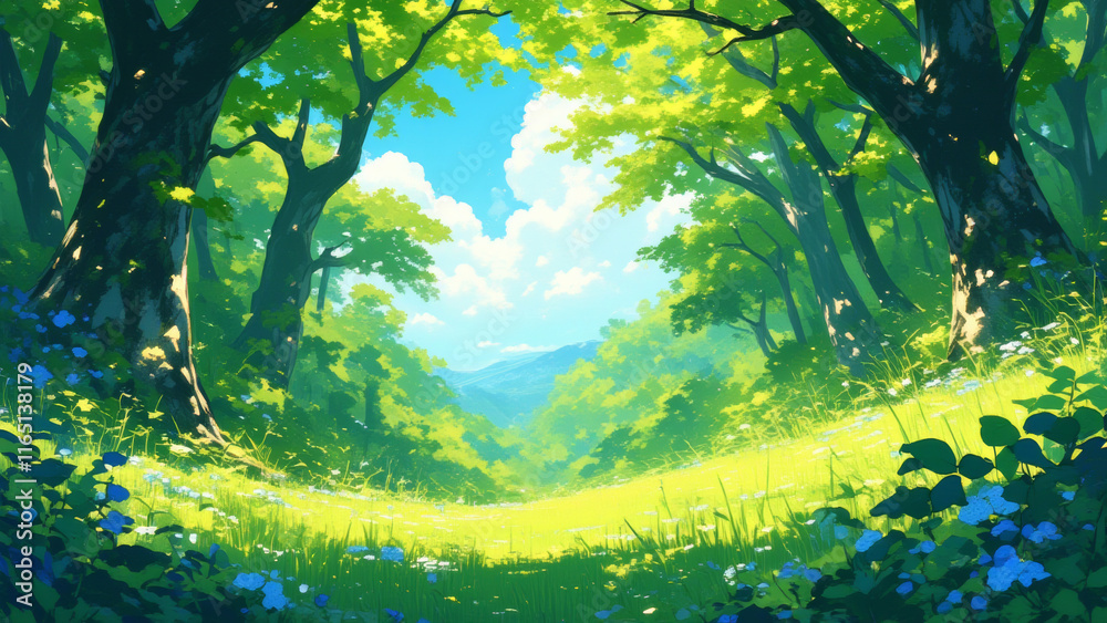 Fototapeta premium Illustration of a rejuvenated forest filled with lush greenery and vibrant growth, symbolizing the harmony of spring.