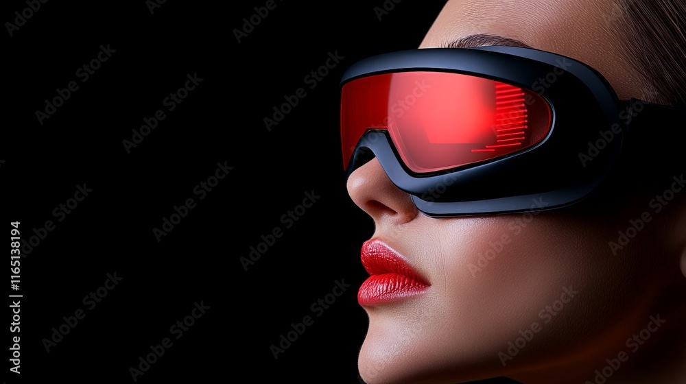 Cyberpunk Red Goggles: Close-up profile of a woman's face wearing futuristic red-lensed goggles against a black background, exuding a sense of mystery and technological advancement. Cyberpunk Red Goggles: Close-up profile of a woman's face wearing futuristic red-lensed goggles against a black background, exuding a sense of mystery and technological advancement.