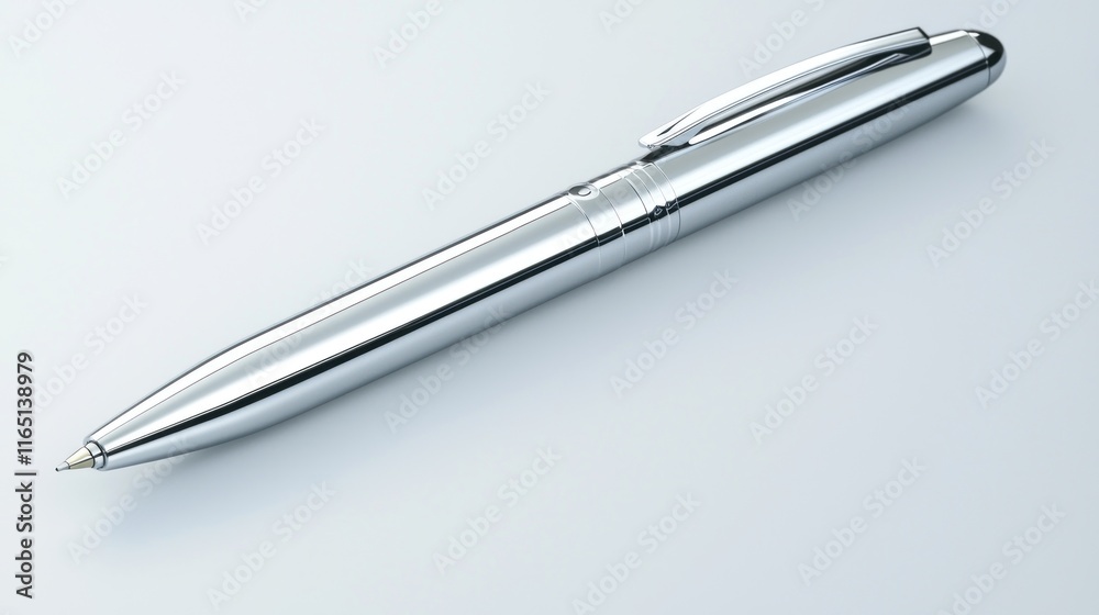 A sleek, silver pen positioned on a smooth surface. A sleek, silver pen positioned on a smooth surface.