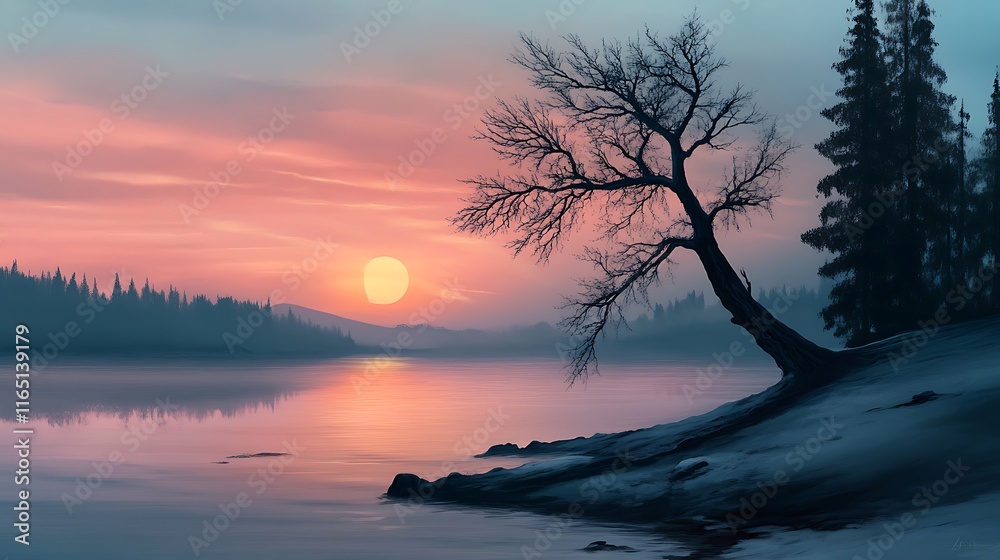 A peaceful sunset setting with the elongated shadow of a pine tree blending into the soft tones of the evening A peaceful sunset setting with the elongated shadow of a pine tree blending into the soft tones of the evening