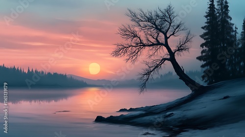 A peaceful sunset setting with the elongated shadow of a pine tree blending into the soft tones of the evening 