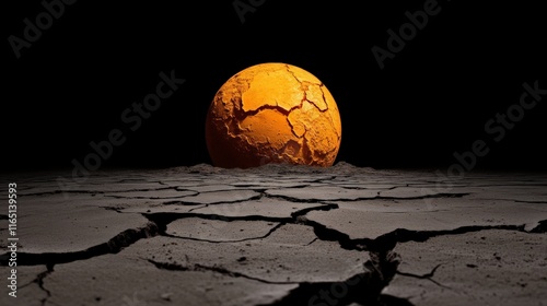 Arid Planet: A desolate and cracked landscape with an orange planet engulfed in the darkness, symbolizing a world in peril. The image evokes a sense of urgency and the fragility of our environment. 