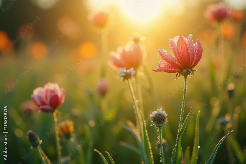 Fototapeta premium A photo of spring flowers and budding plants surrounded by vibrant growth, symbolizing renewal..