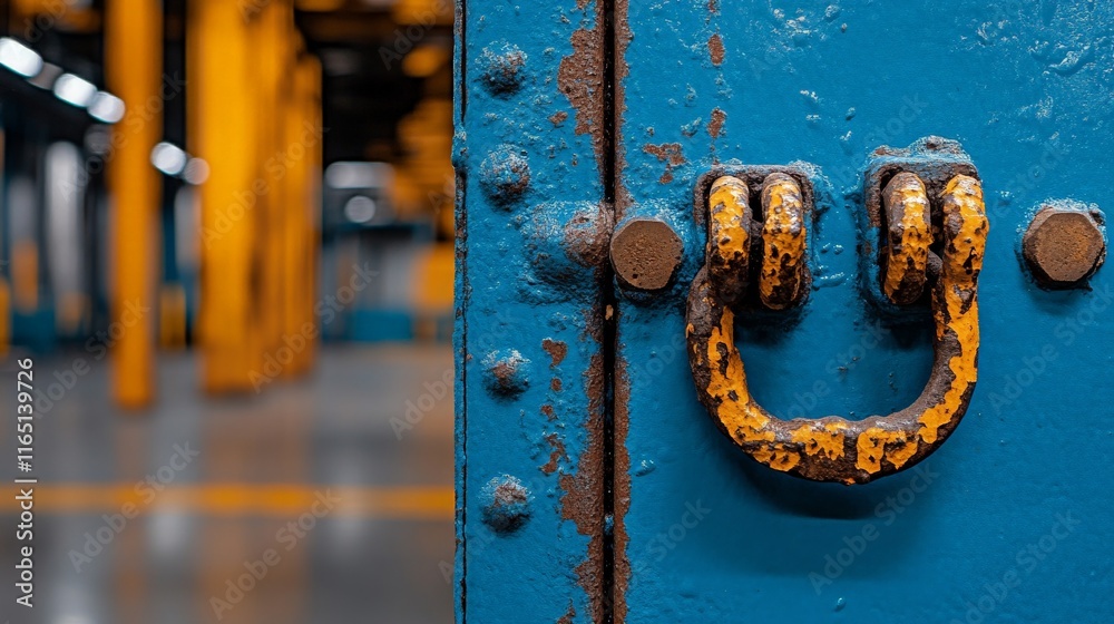 Rusty Door Handle: A close-up of a weathered, yellow door handle on a blue metal door, evoking a sense of industrial history and forgotten spaces. Rusty Door Handle: A close-up of a weathered, yellow door handle on a blue metal door, evoking a sense of industrial history and forgotten spaces.