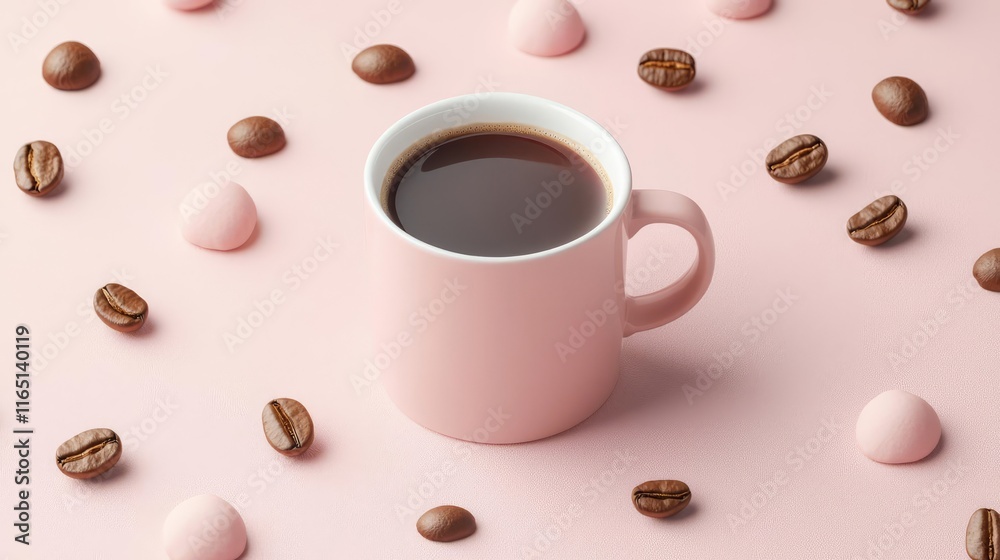 Obraz premium Pastel coffee idea. A pink coffee cup surrounded by coffee beans and treats on a pastel background.