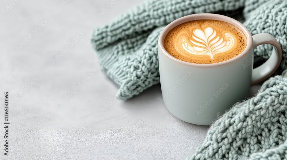 Pastel coffee idea. A cozy cup of latte art resting on a knitted blanket. Perfect for coffee lovers. Pastel coffee idea. A cozy cup of latte art resting on a knitted blanket. Perfect for coffee lovers.
