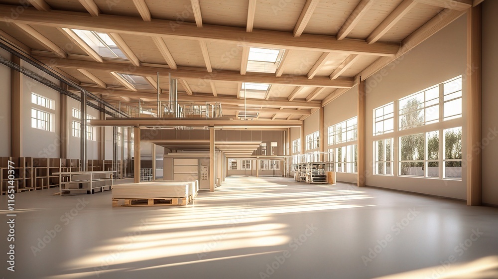 Obraz premium Clean and Empty Factory Storehouse with Detailed 3D Interior Design