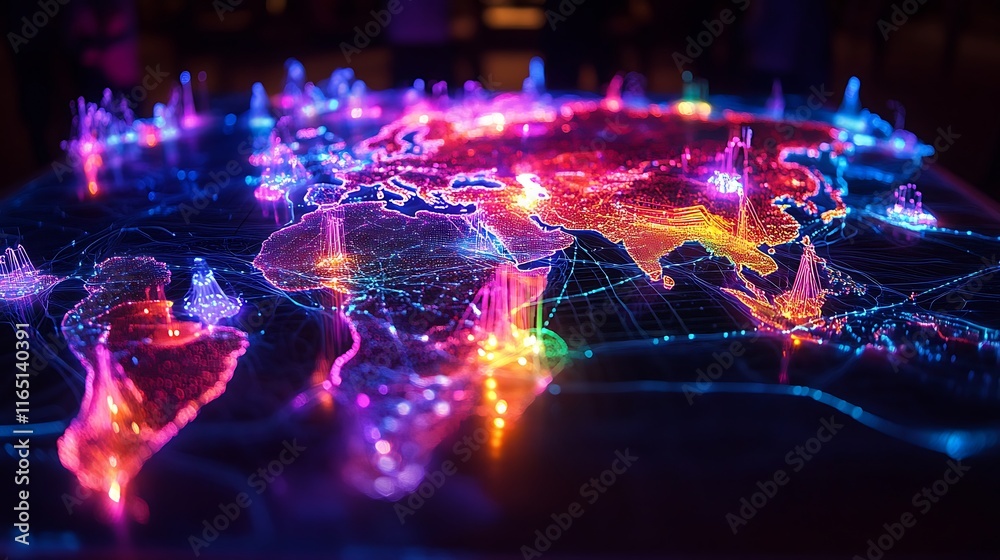 Fototapeta premium A glowing global map with key tech hubs illuminated by bright neon nodes, connected through intricate pathways of data streams, overlaid with holographic grids and circuit patterns,