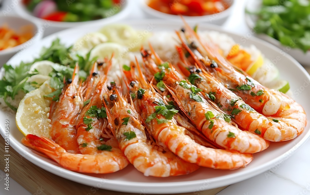 Grilled prawns served with rice, lemon, and herbs on a white plate. Grilled prawns served with rice, lemon, and herbs on a white plate.